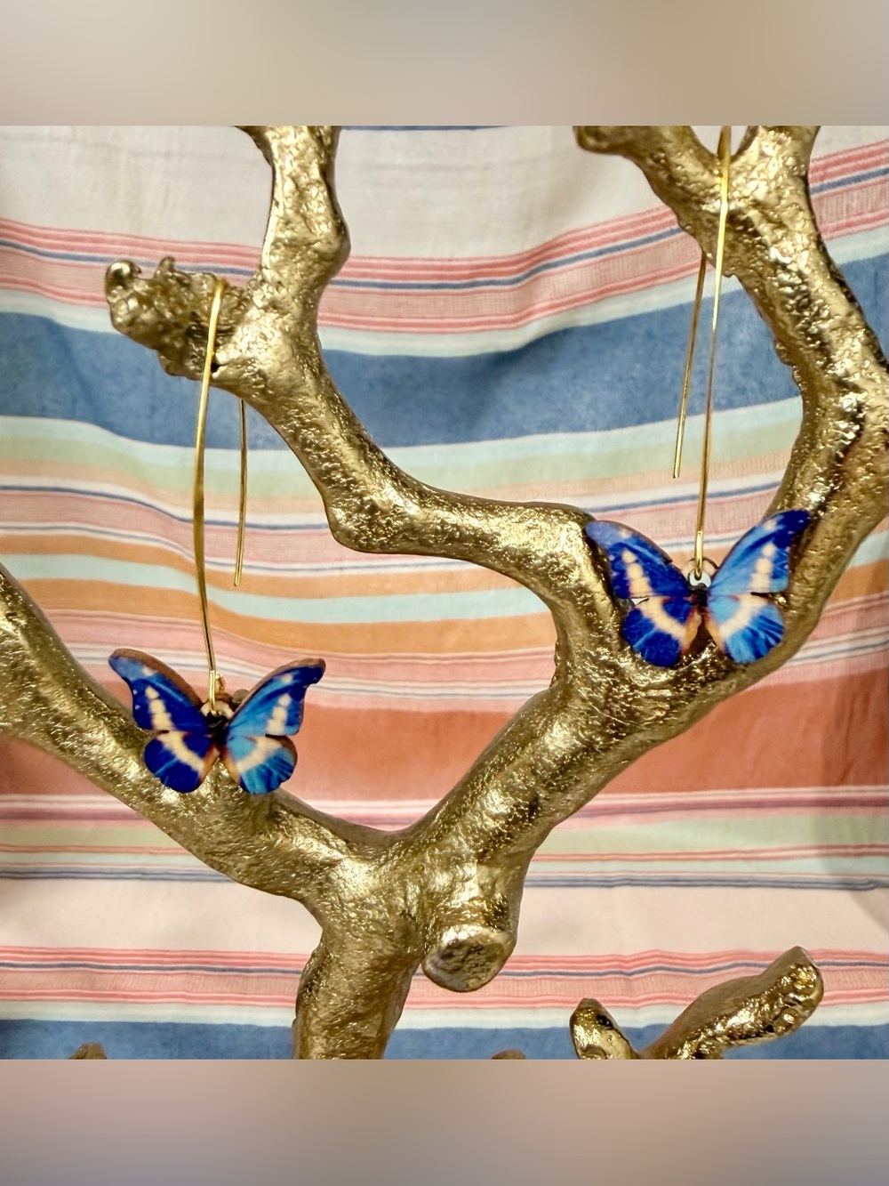 Handmade Blue Butterfly Drop Earrings with Gold Hooks